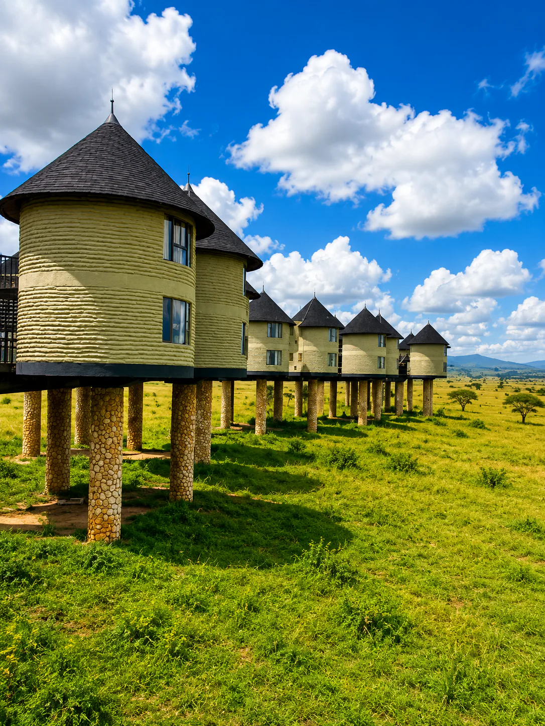 Raised safari lodge buildings beneath a bright blue sky